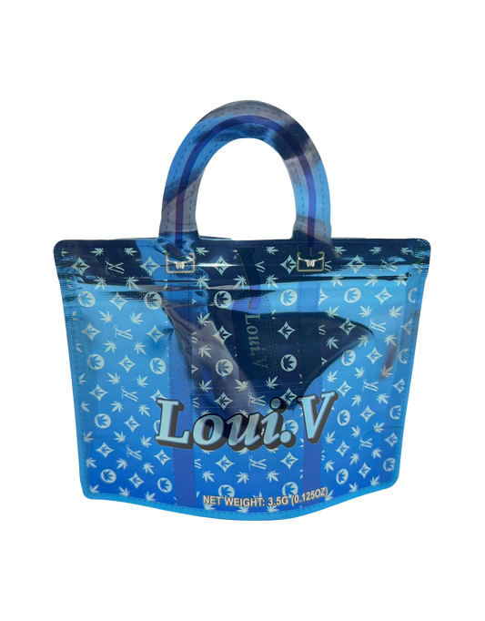 50 Pack - 3.5G Handbag Shaped Mylar Bags - Loui V Blue
