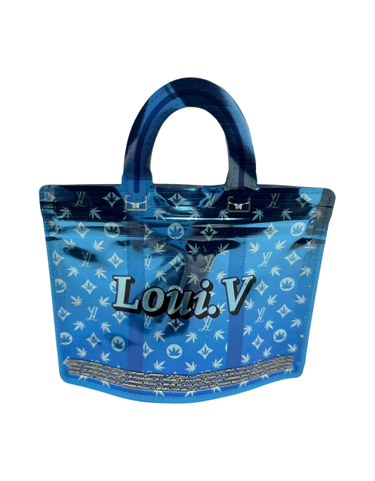 50 Pack - 3.5G Handbag Shaped Mylar Bags - Loui V Blue