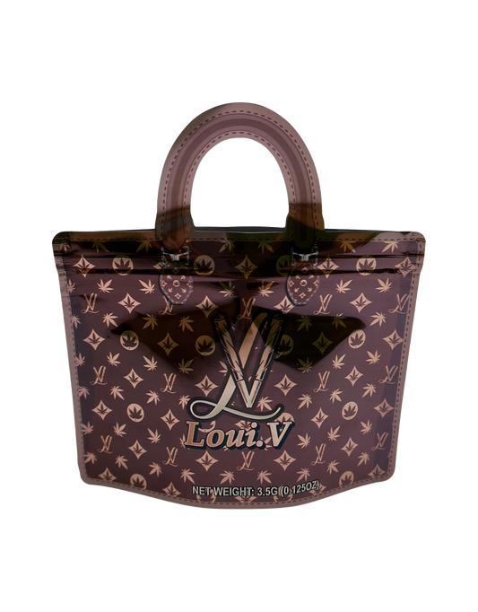 50 Pack - 3.5G Handbag Shaped Mylar Bags -  Loui V Brown