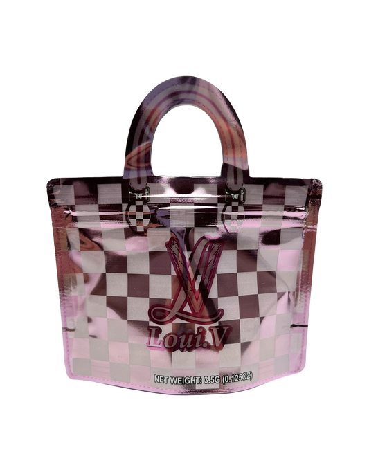 50 Pack - 3.5G Handbag Shaped Mylar Bags - Loui V Pink
