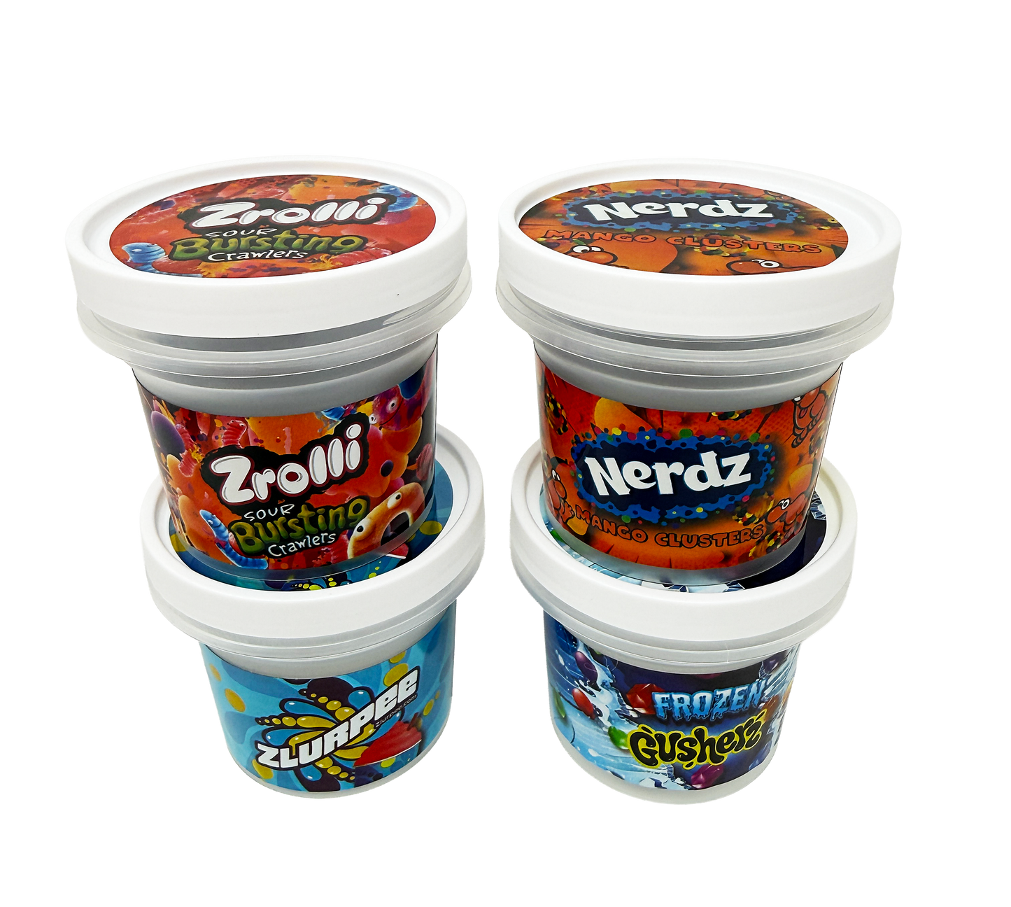 12 Pack - Ice Cream Pint Style Containers with Lids, Wrap Labels & Display Boxes (Style 003) Nerdz-Frozen Gusherz-Zrolli-Zlurpee
