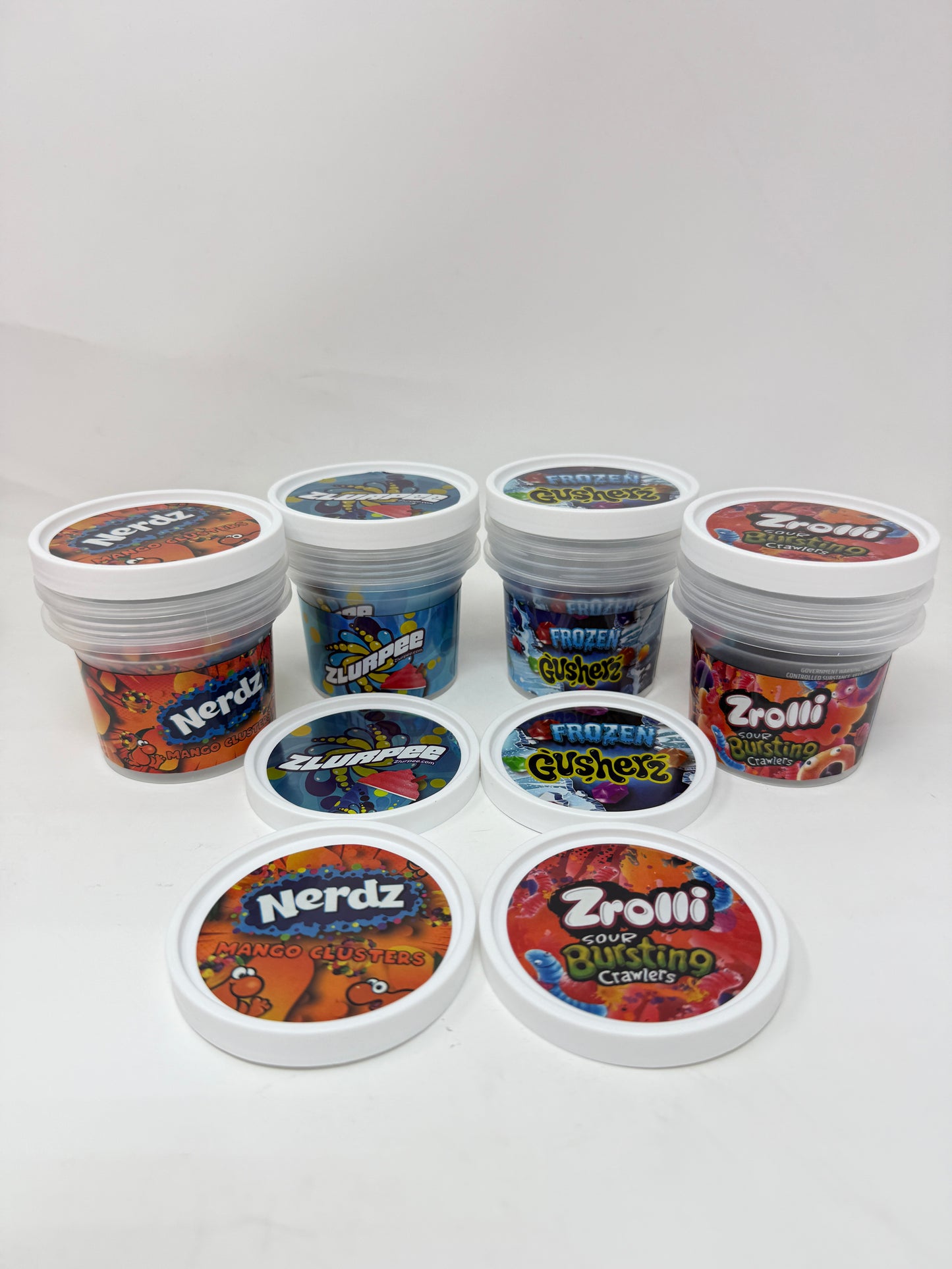 12 Pack - Ice Cream Pint Style Containers with Lids, Wrap Labels & Display Boxes (Style 003) Nerdz-Frozen Gusherz-Zrolli-Zlurpee