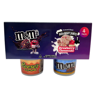 12 Pack - Ice Cream Pint Style Containers with Lids, Wrap Labels & Display Boxes (Style 004) M&M-Reese'z-Bud & Mary Jane's