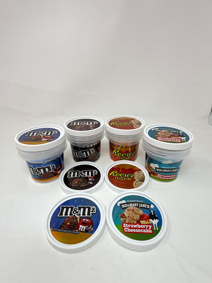 12 Pack - Ice Cream Pint Style Containers with Lids, Wrap Labels & Display Boxes (Style 004) M&M-Reese'z-Bud & Mary Jane's