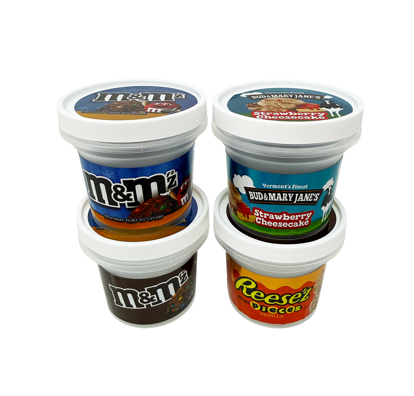 12 Pack - Ice Cream Pint Style Containers with Lids, Wrap Labels & Display Boxes (Style 004) M&M-Reese'z-Bud & Mary Jane's