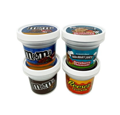 12 Pack - Ice Cream Pint Style Containers with Lids, Wrap Labels & Display Boxes (Style 004) M&M-Reese'z-Bud & Mary Jane's