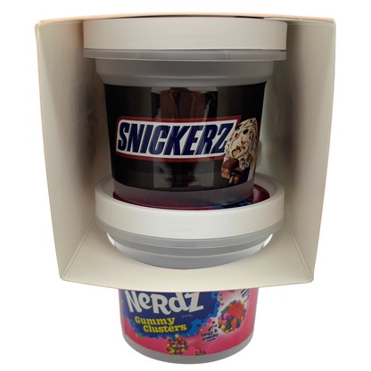 12 Pack - Ice Cream Pint Style Containers with Lids, Wrap Labels & Display Boxes (Style 005) Jolly's Rancherz-Snickerz-Twixz-Nerdz