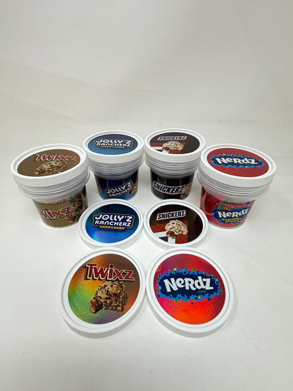 12 Pack - Ice Cream Pint Style Containers with Lids, Wrap Labels & Display Boxes (Style 005) Jolly's Rancherz-Snickerz-Twixz-Nerdz