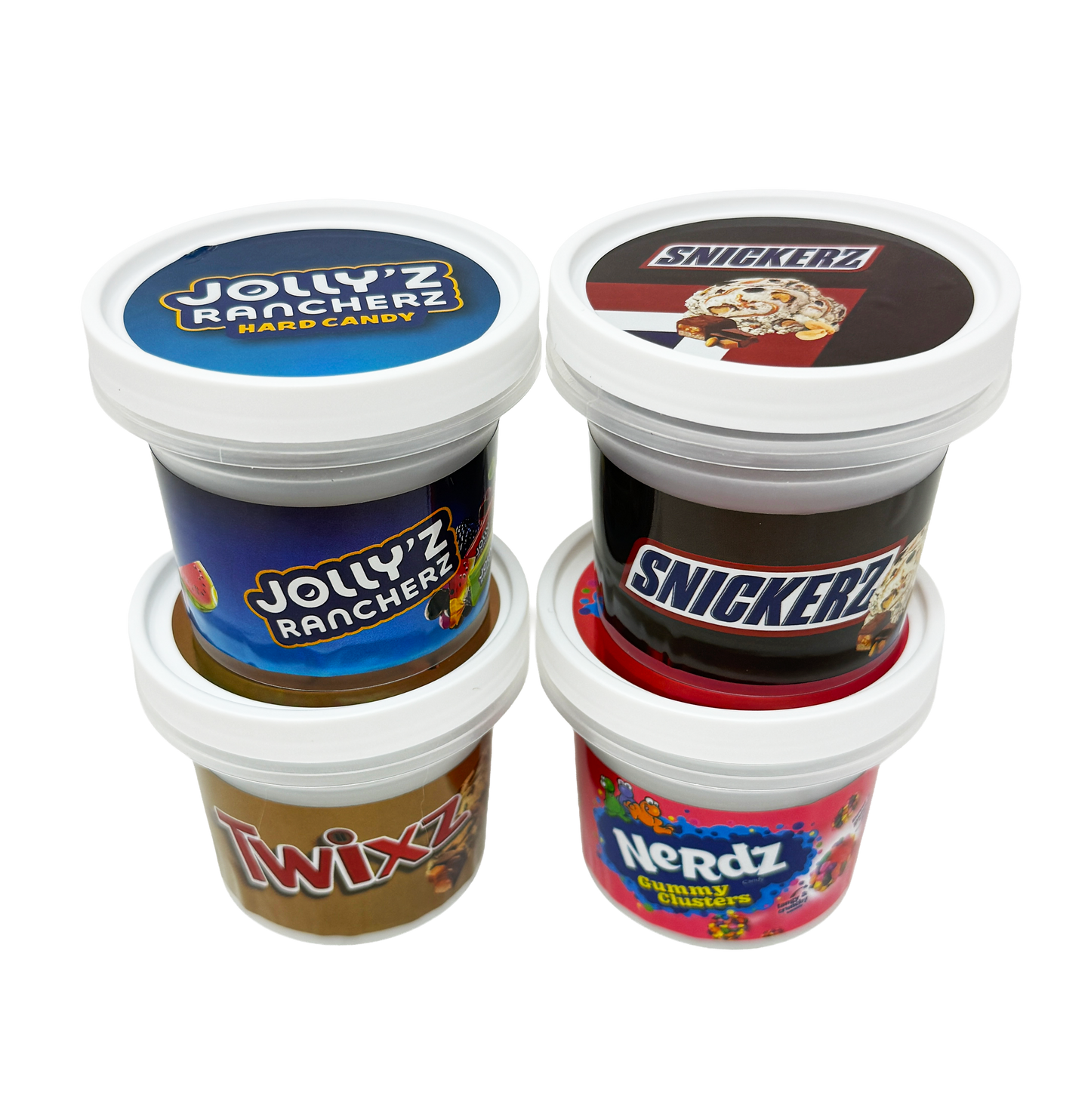 12 Pack - Ice Cream Pint Style Containers with Lids, Wrap Labels & Display Boxes (Style 005) Jolly's Rancherz-Snickerz-Twixz-Nerdz