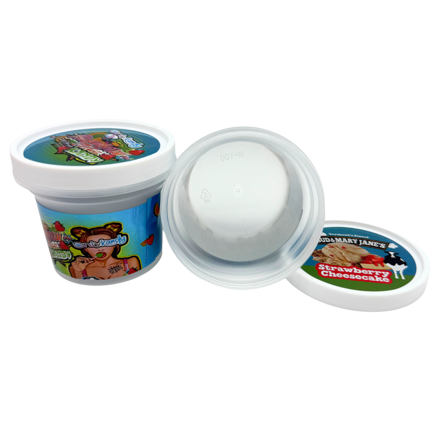 12 Pack - Ice Cream Pint Style Containers with Lids, Wrap Labels & Display Boxes (Style 004) M&M-Reese'z-Bud & Mary Jane's