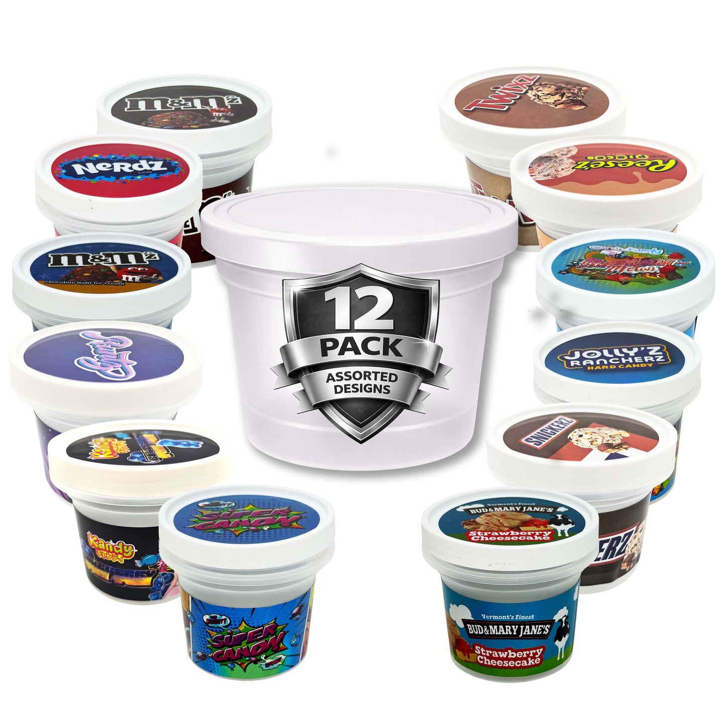 12 Pack 3.5g Ice Cream Pint Style Plastic Storage Containers Mystery Bundle - Assorted Designs