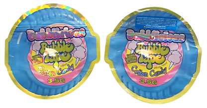 Shaped Mylar bag 3.5g, herb Mylar Bags, Where to buy mylar bags, Custom mylar bags near me, Mylar Bags Wholesale. Two packages of Cotton Candy Bubble Tape on a white background