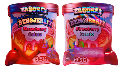 Two Mylar Bag small containers of Zaborez Ben & Jerry's Strawberry Gelato on a white background
