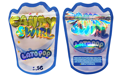 Shaped Mylar bag 3.5g, herb Mylar Bags, Where to buy mylar bags, Custom mylar bags near me, Mylar Bags Wholesale. Two packages of Candy Swirl Lat Pop with colorful text on a white background