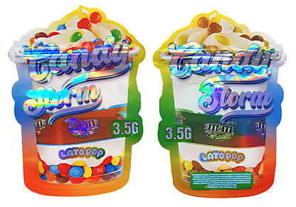 Shaped Mylar bag 3.5g, herb Mylar Bags, Where to buy mylar bags, Custom mylar bags near me, Mylar Bags Wholesale. Two packages of M&M's Candy Storm with colorful candy design on a white background