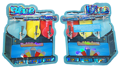 Shaped Mylar bag 3.5g, herb Mylar Bags, Where to buy mylar bags, Custom mylar bags near me, Mylar Bags Wholesale.  Two colorful ice cream dispensers with 'Blue' branding on a white background