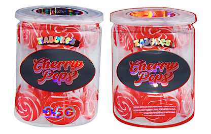 Shaped Mylar bag 3.5g, herb Mylar Bags, Where to buy mylar bags, Custom mylar bags near me, Mylar Bags Wholesale. Two containers of Cherry Pops lollipops with colorful labels on a white background.