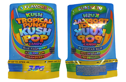 Mylar Bag Two packages of Kush Tropical Punch Kush Pop candy on a white background