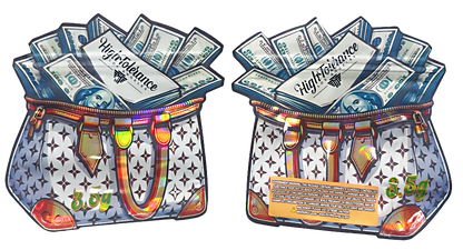 Shaped Mylar bag 3.5g, herb Mylar Bags, Where to buy mylar bags, Custom mylar bags near me, Mylar Bags Wholesale. Two colorful purses with money design on a white background