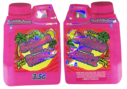 Shaped Mylar bag 3.5g, herb Mylar Bags, Where to buy mylar bags, Custom mylar bags near me, Mylar Bags Wholesale. Two pink bottles of Bubble Gum Flutz with colorful labels on a white background