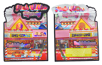 Shaped Mylar bag 3.5g, herb Mylar Bags, Where to buy mylar bags, Custom mylar bags near me, Mylar Bags Wholesale. Two colorful candy display stands with various candy names and prices.