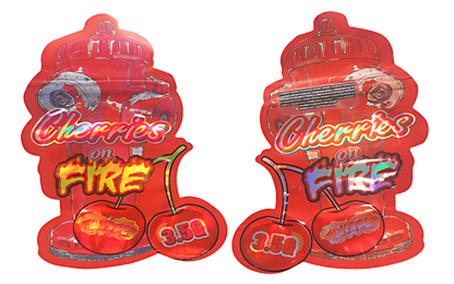 Shaped Mylar bag 3.5g, herb Mylar Bags, Where to buy mylar bags, Custom mylar bags near me, Mylar Bags Wholesale. Two red packaging of 'Cherries on Fire' candy on a white background