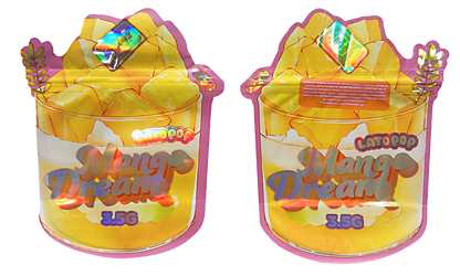 Shaped Mylar bag 3.5g, herb Mylar Bags, Where to buy mylar bags, Custom mylar bags near me, Mylar Bags Wholesale. Two containers of 'Mango Dream' candy with colorful packaging on a white background.