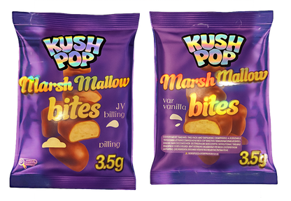 Two Mylar Bag packages of Kush Pop Marshmallow bites on a white background