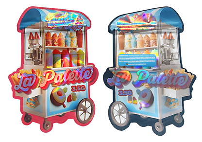 Shaped Mylar bag 3.5g, herb Mylar Bags, Where to buy mylar bags, Custom mylar bags near me, Mylar Bags Wholesale. Two colorful La Palette candy carts on a white background