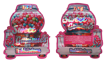 Shaped Mylar bag 3.5g, herb Mylar Bags, Where to buy mylar bags, Custom mylar bags near me, Mylar Bags Wholesale. Two pink gumball machines filled with colorful gummy bears on a white background.