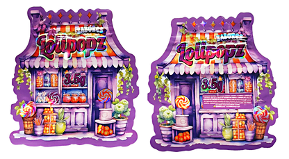 Shaped Mylar bag 3.5g, herb Mylar Bags, Where to buy mylar bags, Custom mylar bags near me, Mylar Bags Wholesale. Two colorful candy store models with 'Loudpopz' and 'Lollicopter' branding on a white background.