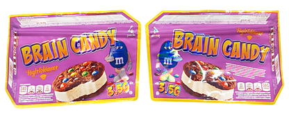 Mylar bag 3.5g, herb Mylar Bags, Where to buy mylar bags, Custom mylar bags near me, Mylar Bags Wholesale. Two packages of Brain Candy candy with colorful packaging and product images.