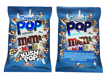 Two Mylar Bag packages of M&M's Popcorn Minis Kush Pop on a white background