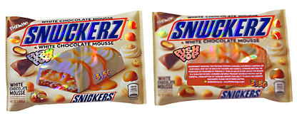 Two Mylar Bag packages of Snickerz candy bars with different flavors on a white background.