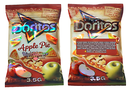 Mylar bag 3.5g, herb Mylar Bags, Where to buy mylar bags, Custom mylar bags near me, Mylar Bags Wholesale. Two packages of Doritos Apple Pie flavored chips with apple graphics on the packaging.