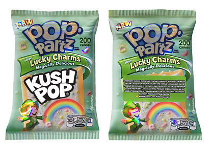 Two Mylar Bag packages of Pop-Tarts Lucky Charms with Kush Pop branding on a white background