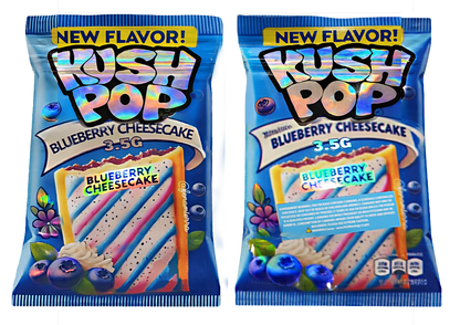 Two Mylar Bag packages of Rush Pop Blueberry Cheesecake flavor on a white background