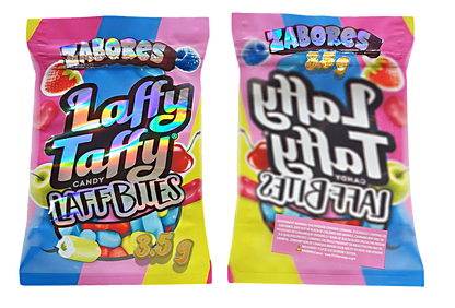 Mylar bag 3.5g, herb Mylar Bags, Where to buy mylar bags, Custom mylar bags near me, Mylar Bags Wholesale. Two packages of Zabores Laffy Taffy candy on a white background