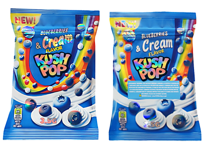Two Mylar Bag packages of Blueberries & Cream Flavor Kush Pop on a white background