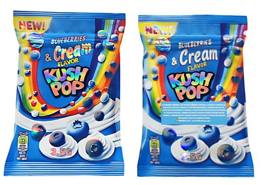 Two Mylar Bag packages of Blueberries & Cream Flavor Kush Pop on a white background