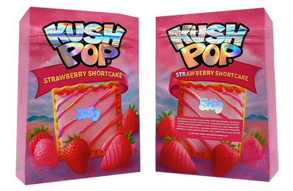 Two Mylar Bag packages of Kush Pop Strawberry Shortcake with colorful text and graphics.