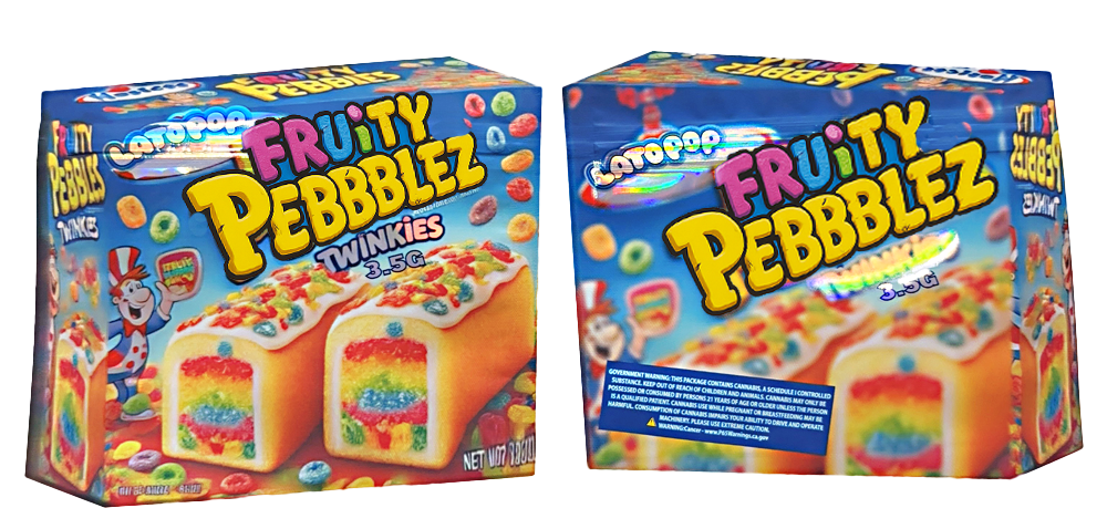 Two Mylar Bag boxes of Fruity Pebblez Twinkies from Fruity Pebbles cereal.