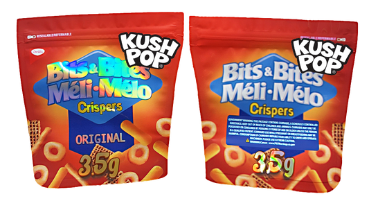 Mylar Bag Two packages of Bits & Bites Meli Melo Crispers with 'Kush Pop' branding on a white background.