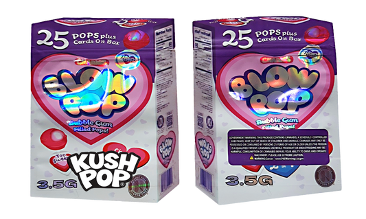Mylar Bag Two boxes of Kush Pop bubble gum with colorful packaging on a white background