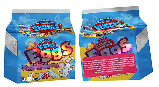 Two Mylar Bag packages of Bubble Gum Eggs with colorful packaging on a white background