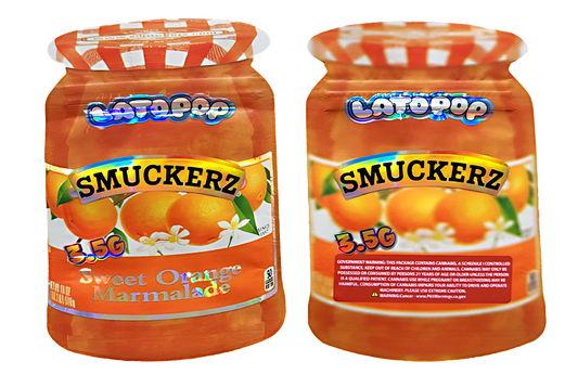 Two jars Mylar Bags of Smuckerz sweet orange marmalade on a white background