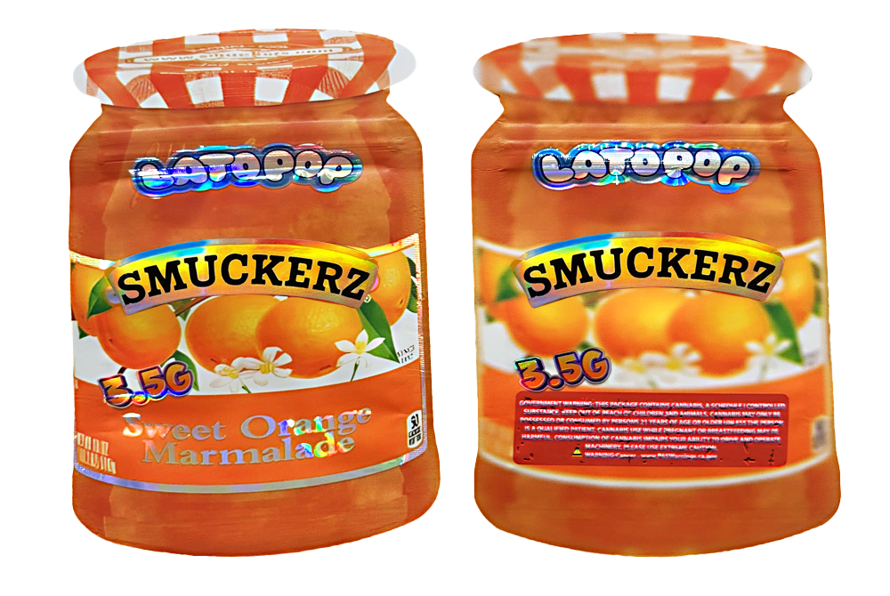 50 Pack - 3.5G Decorative Contour Shaped Mylar Bags - Latopop Smuckerz Sweet Orange Marmalade