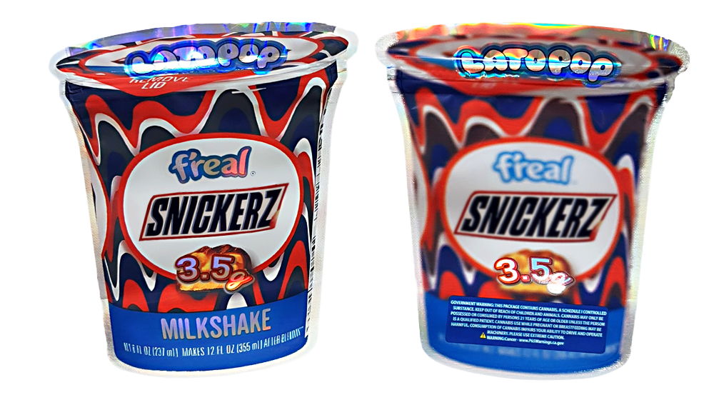 Two Mylar Bags containers of Freal Snickerz Milshake on a white background