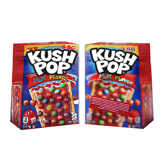 50 Pack - 3.5G Decorative Contour Shaped Mylar Bags - Kush Pop M&M Flavor
