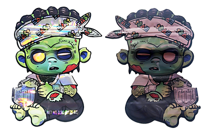 Mylar bag 3.5g, herb Mylar Bags, Where to buy mylar bags, Custom mylar bags near me, Mylar Bags Wholesale. Two cartoon zombie figures with colorful outfits and accessories on a white background
